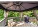 Relaxing back deck featuring a canopy, outdoor seating, grill, and a peaceful wooded setting at 14512 Brotherly Ln, Charlotte, NC 28278