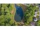 Aerial view of the pond, showcasing lush greenery surrounding the water feature at 197 Devon Forest Dr, Mooresville, NC 28115