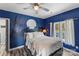 Cozy bedroom with striking blue accent wall mural, soft lighting, and a comfortable bed at 35 Telephone Exchange Rd, Hickory, NC 28601
