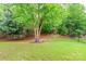 Green backyard features a lush lawn and mature trees, with a black metal fence at 640 Mackenzie Falls Dr, Fort Mill, SC 29715