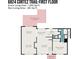 Blueprint for the first floor including dining, kitchen, living, bedroom, bathroom, laundry and back wooden deck at 6824 Cortez Trl, Charlotte, NC 28227