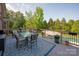 Outdoor deck with patio furniture, a blue area rug, and a view of the pool at 7507 Meadowgate Ln, Waxhaw, NC 28173