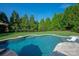 In-ground pool with in-pool lounge chairs, set in a private backyard with lush trees at 7507 Meadowgate Ln, Waxhaw, NC 28173
