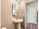 Powder room features a pedestal sink with decorative mirror and contemporary fixtures at 8726 Addingham Dr, Charlotte, NC 28269