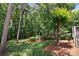 A lush, green backyard features a neatly manicured lawn, landscaping, and mature trees at 10616 Back Ridge Rd, Charlotte, NC 28277