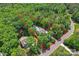 Aerial view of a home nestled within a wooded lot, featuring a pool and outlined property boundaries, ensuring privacy at 1328 Huntcliff Dr, Waxhaw, NC 28173