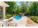 Backyard pool and pool house surrounded by lush landscaping at 1328 Huntcliff Dr, Waxhaw, NC 28173