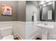 This powder room features a pedestal sink, modern fixtures, and stylish wainscoting at 1328 Huntcliff Dr, Waxhaw, NC 28173