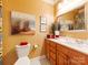 Bathroom features a vanity, sink, and toilet, decorated with warm walls and art at 3044 Luke Crossing Dr, Charlotte, NC 28226