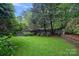 Well-maintained backyard with lush green grass, mature trees, and a privacy fence at 3524 Rhett Butler Pl, Charlotte, NC 28270