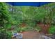Brick patio overlooking a well-manicured backyard with lush plants and trees at 3524 Rhett Butler Pl, Charlotte, NC 28270