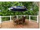 Outdoor patio with a dining set under a sun umbrella, surrounded by glass railings and greenery at 400 Maymont Dr, Cramerton, NC 28032