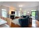 A bright living room with fireplace, large sofa, hardwood floors, and view to the entry door at 4516 Night Heron Ln, Charlotte, NC 28211