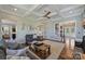 Beautiful living room with coffered ceilings and hardwood flooring showcases an open access to a staircase and entertainment room at 4941 Campobello Dr, Monroe, NC 28110