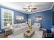 Comfortable living room with blue walls, white sofa set, and art decorations at 4941 Campobello Dr, Monroe, NC 28110