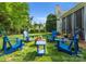 Backyard featuring comfortable blue Adirondack seating surrounding a fire pit at 611 Meadow Lake Dr, Matthews, NC 28105