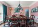 Elegant dining room featuring pink walls, a teal chandelier, and decorative accents at 611 Meadow Lake Dr, Matthews, NC 28105