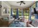Inviting screened porch with comfortable seating, ceiling fan, and serene backyard views at 611 Meadow Lake Dr, Matthews, NC 28105