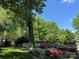 Beautifully landscaped backyard featuring a swing, flowers, lush greenery, and mature trees, creating a serene outdoor space at 10338 Hollybrook Dr, Charlotte, NC 28277