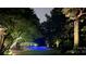 Night view of a backyard with a lit pool, patio furniture, and lush greenery at 14701 Jockeys Ridge Dr, Charlotte, NC 28277
