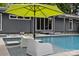 Poolside oasis with stylish seating and a vibrant yellow umbrella at 2121 Valencia Ter, Charlotte, NC 28226