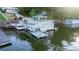 Lake view of the boat dock with a covered area for outdoor seating and relaxation at 24264 Strand Dr, Albemarle, NC 28001