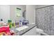 Bathroom featuring a granite countertop, white vanity, and patterned shower curtain at 2908 Burgess Dr, Charlotte, NC 28208