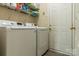 Well-lit laundry room featuring washer, dryer, overhead shelving, and white door at 5656 Cambridge Bay Dr, Charlotte, NC 28269