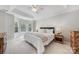 Spacious bedroom with tray ceiling, bay window, carpet, and minimalist decor at 8709 Huntland Ct, Charlotte, NC 28277
