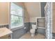 Cozy bathroom with blue tile, built-in shelves, and natural light from the window at 1581 Granville Rd, Rock Hill, SC 29732