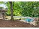 Spacious backyard showcasing an outdoor seating area with a full wooden privacy fence, and mature trees at 206 Pelham Ln, Fort Mill, SC 29715