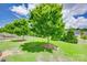 Expansive backyard featuring lush green grass, mature trees, and a well-maintained lawn in a residential neighborhood at 217 Barberry Dr, Belmont, NC 28012