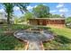 Backyard features a brick fire pit and a covered porch connected to the brick house with a lovely lawn at 2401 Woodleaf Dr, Gastonia, NC 28052