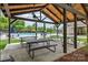 Community pool featuring an outdoor covered seating area with picnic tables and ceiling fans at 4225 Abernathy Pl, Harrisburg, NC 28075