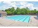 Large community pool with lounge chairs surrounded by mature trees at 4225 Abernathy Pl, Harrisburg, NC 28075