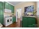 The kitchen includes granite countertops, green cabinets and stainless steel appliances at 509 W Sixth Ave, Gastonia, NC 28052