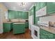 A kitchen with a kitchen island, wooden floors, granite countertops and green kitchen cabinets at 509 W Sixth Ave, Gastonia, NC 28052