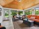 Comfortable screened porch with wood ceiling, stylish seating, and views of the landscaped backyard, perfect for relaxation at 5716 Trimmings Ct, Charlotte, NC 28226