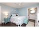 Light and airy bedroom with a comfortable bed and stylish blue accents, offering a relaxing retreat at 8306 Knights Bridge Rd, Charlotte, NC 28210