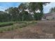 A view of the backyard with mature trees, bushes, and landscaping at 9625-A Surface Hill Rd, Mint Hill, NC 28227