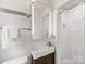 Bright bathroom featuring modern vanity, sleek fixtures, and shower with white tile surround at 1031 Eldorado Ave, Charlotte, NC 28262