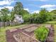 Backyard featuring a multi-plot garden, accessory building, and lush greenery at 1031 Eldorado Ave, Charlotte, NC 28262