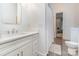 A well-lit bathroom with white cabinetry, chrome fixtures, and tiled flooring at 1830 Wickford Pl, Charlotte, NC 28203