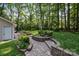 Landscaped backyard featuring a brick pathway, raised garden beds, and a lush green lawn surrounded by trees at 201 Scalybark Trl, Concord, NC 28027