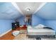 Upstairs bedroom with blue walls, wood floors, and an inviting mattress set upon a frame at 3700 Nevin Rd, Charlotte, NC 28269