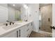 Modern bathroom featuring double sinks, granite countertop, framed mirror, and walk-in shower at 4011 Tundra Rd, Charlotte, NC 28203