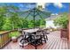 Spacious outdoor dining area with a table, chairs, and umbrella on a well-maintained deck at 6202 Pumpernickel Ln, Wesley Chapel, NC 28110