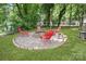 Outdoor fire pit area features stone surround, gravel, and four red Adirondack chairs surrounded by a beautiful lawn at 906 Eastwood Dr, Rock Hill, SC 29730