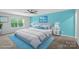 A blue accent wall and plush blue rug complete this lovely main bedroom at 9230 Loch Glen Way, Charlotte, NC 28278