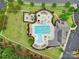 Aerial view of the community pool, clubhouse, playground, and lush landscaping at 11216 Preservation Ln, Charlotte, NC 28278